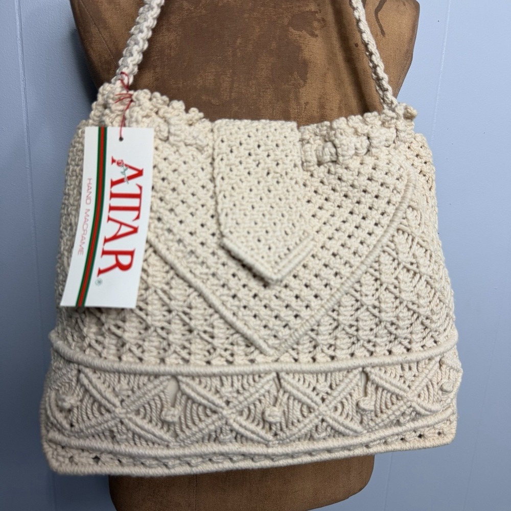 Vintage Attar MACRAMÉ HANDBAG, NATURAL Cream White Boho New 1989